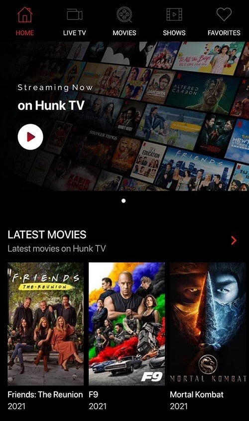 Hunk tv apk home page