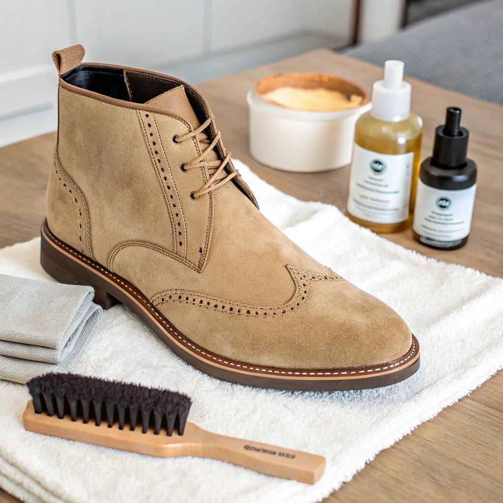 A person polishing a brown leather shoe