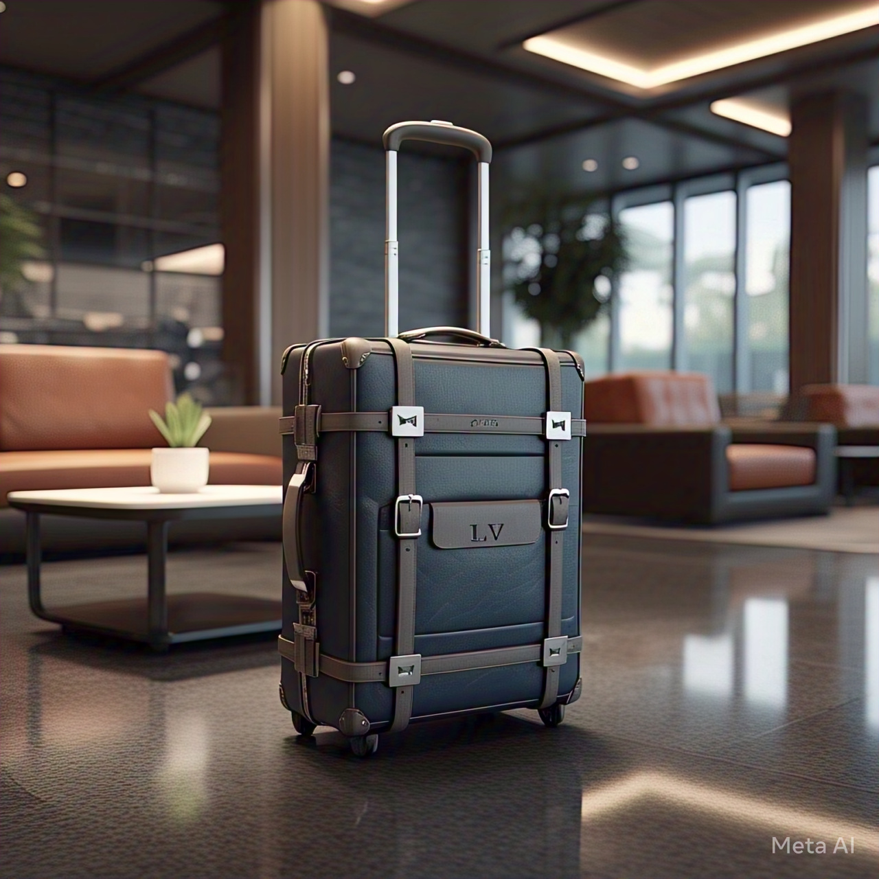 Travel bags in an airport with a plane taking off in the background